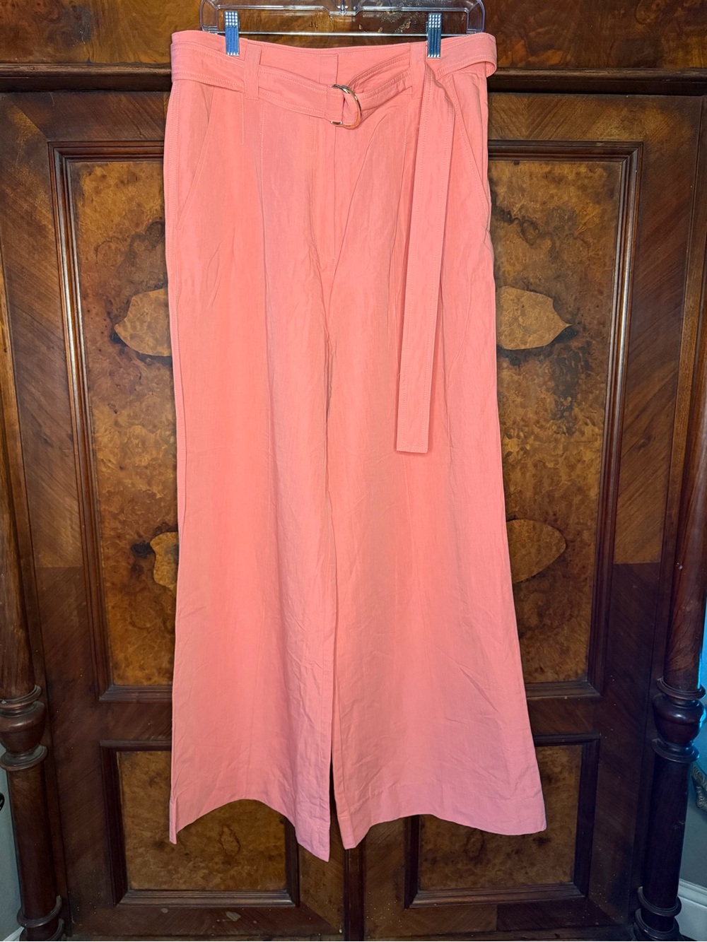 Ulla Johnson Pascale Wide Leg Pleat Front Belted Pants Salmon Coral Pink. Size 8